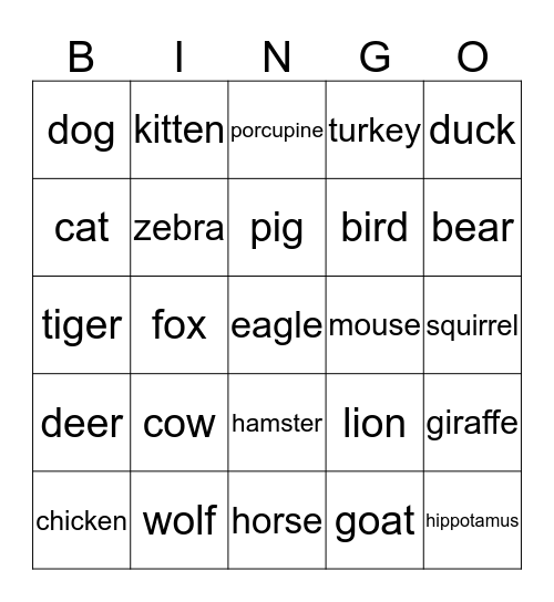 Animal BINGO Card