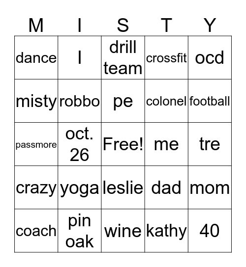 Misty Bingo Card