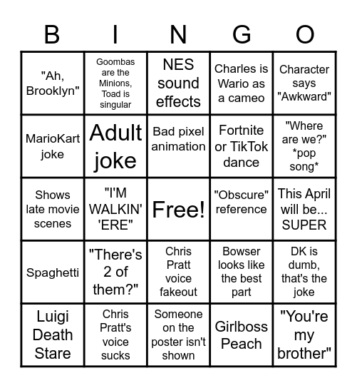 Mario Trailer Bingo Card