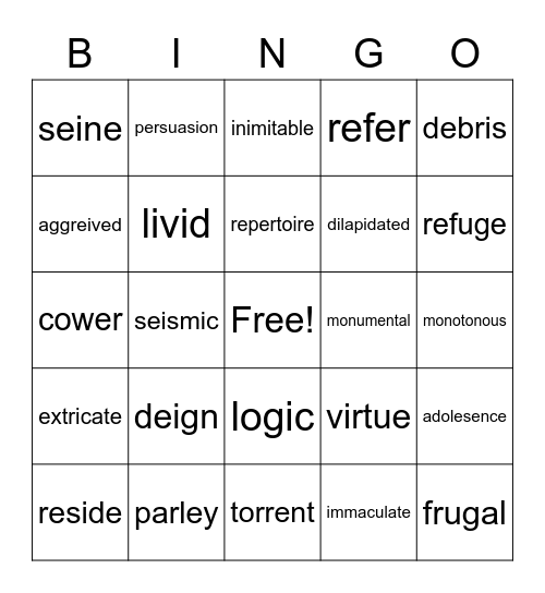 Vocabulary List 7 Bingo Card