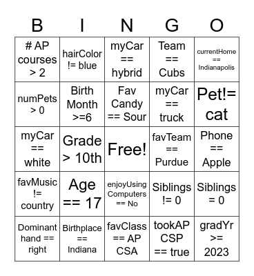 Boolean Bingo Card