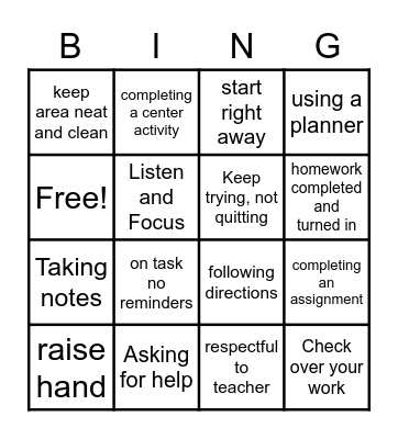 Study Skills Bingo Card