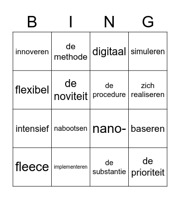 Woorden les 5 Ruimte Bingo Card