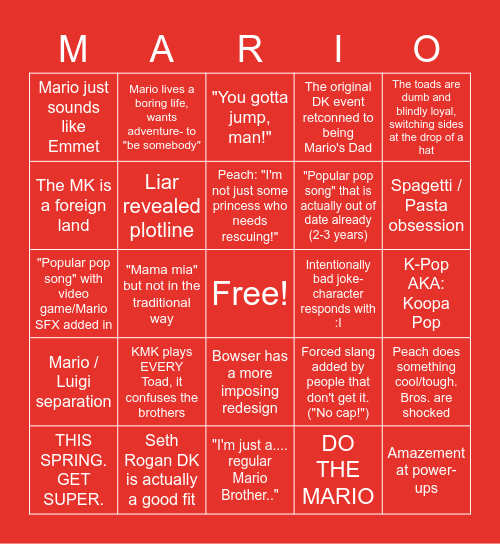 Super Freakin' Mario Baybee Bingo Card