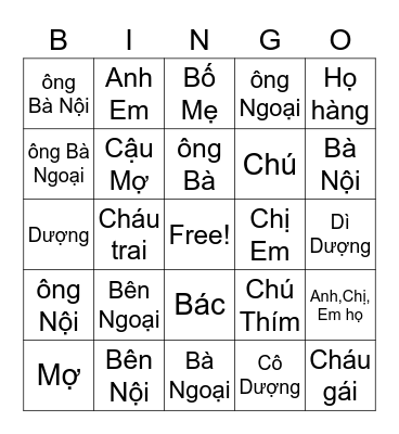 my family Bingo Card