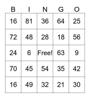 Multiplication Bingo Card