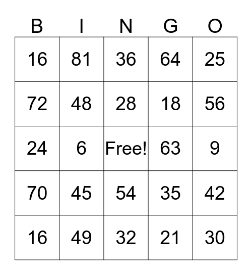 Multiplication Bingo Card