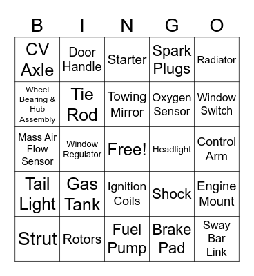 1A Auto Parts Bingo Card