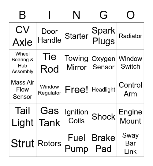 1A Auto Parts Bingo Card