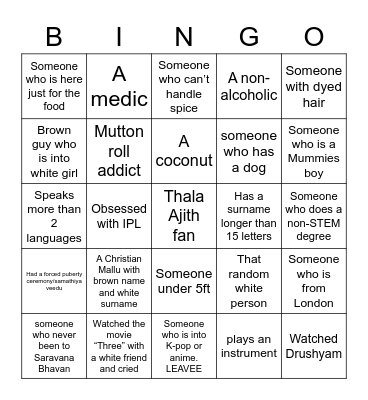 Tamil and mallu Human Bingo! Bingo Card