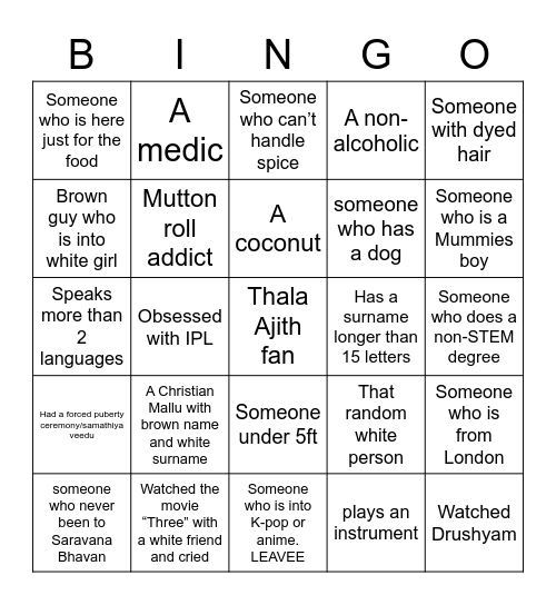 Tamil and mallu Human Bingo! Bingo Card