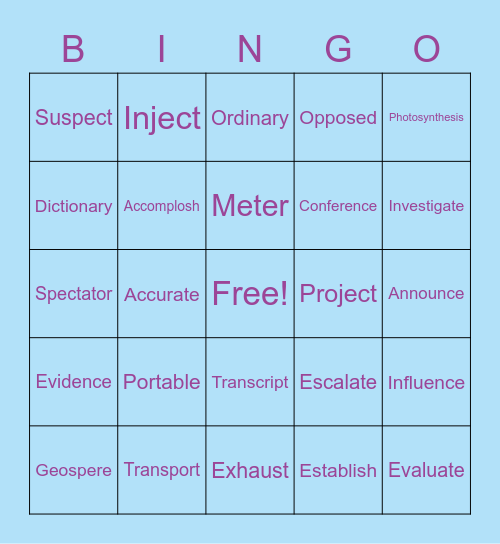 WIN Group Vocabulary Bingo Card