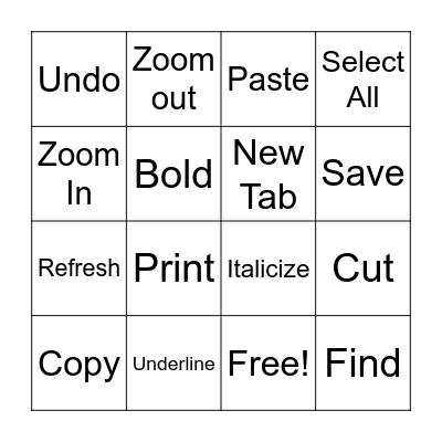 Computer Shortcuts Bingo Card