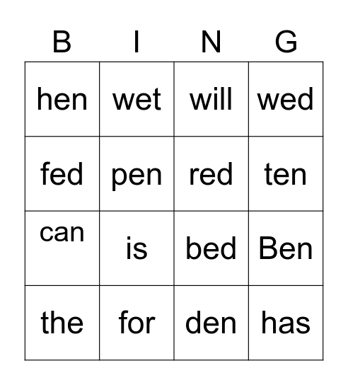 Ben's Red Hen Bingo Card