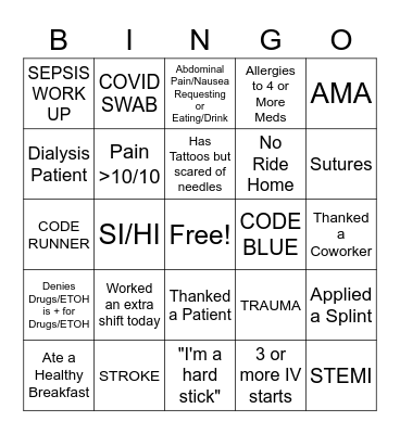 Emergency Nurses Week 2022 Bingo Card