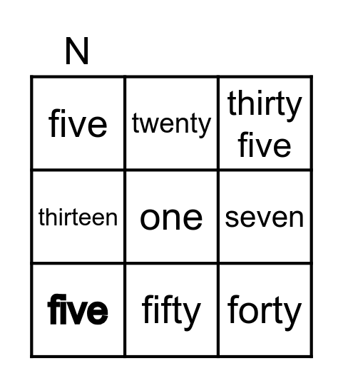 Number Bingo Card