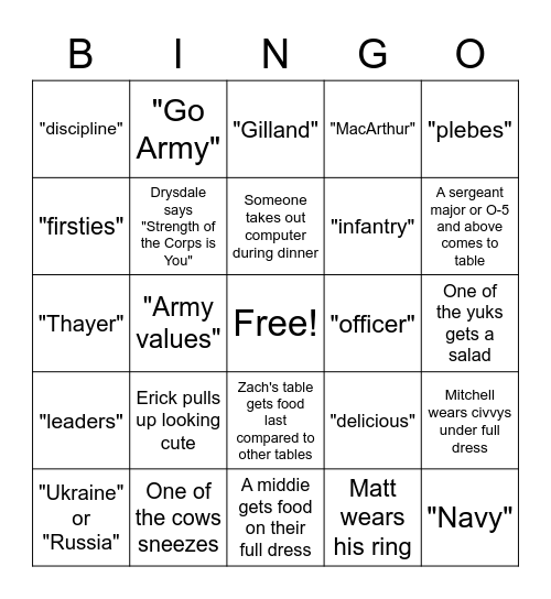 Thayer Dinner with Speech Bingo Card