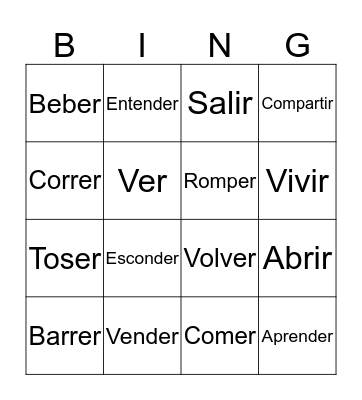 Verbs Bingo  Bingo Card
