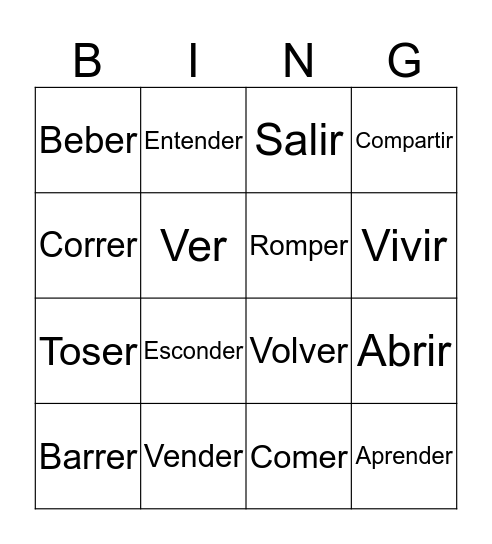 Verbs Bingo  Bingo Card