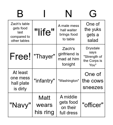 Thayer Dinner with Speech Bingo Card