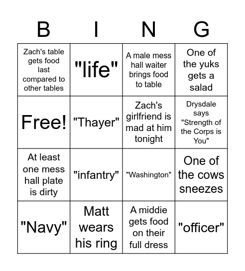 Thayer Dinner with Speech Bingo Card