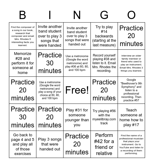 Fall Break Band Bingo 7th & 8th Bingo Card