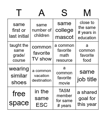 TASM Family Reunion! Bingo Card