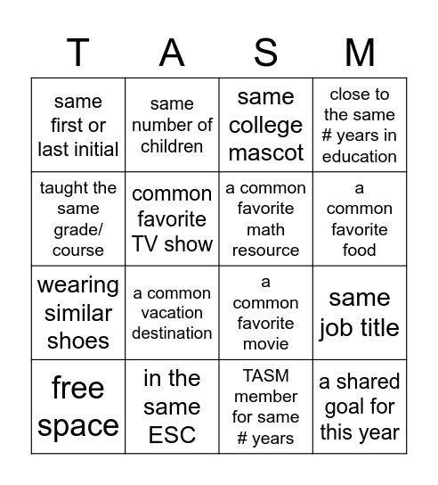 TASM Family Reunion! Bingo Card