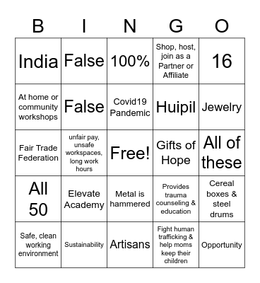 TRADES of HOPE BINGO Card