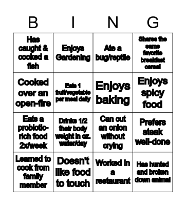 Nutrition Bingo Card