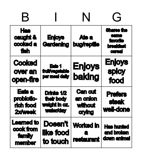 Nutrition Bingo Card