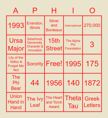 Alpha Phi Bingo Card