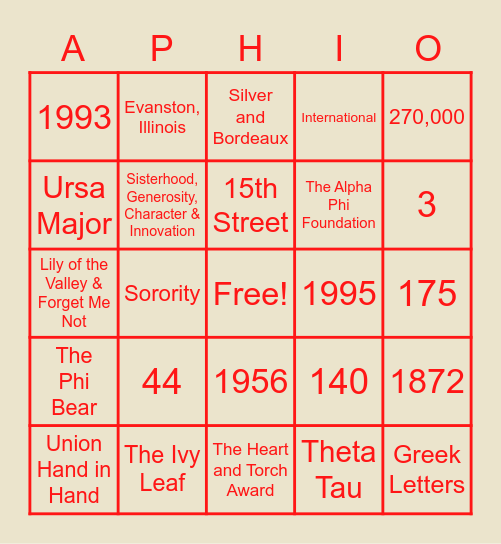 Alpha Phi Bingo Card