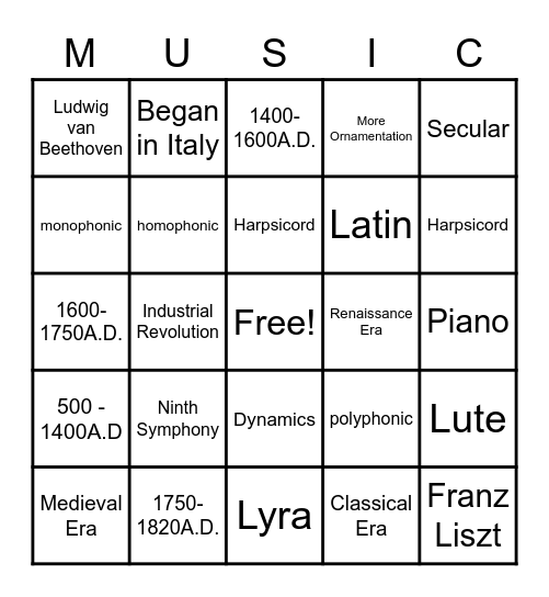 Music History Bingo Card