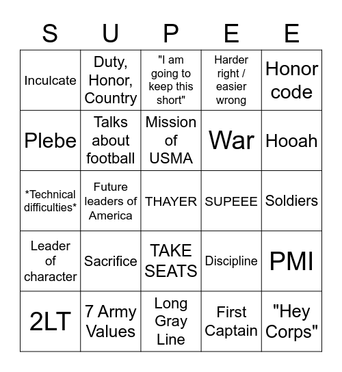 Thayer Review Bingo Card