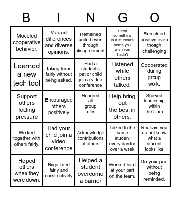 Online Team Building Bingo Card