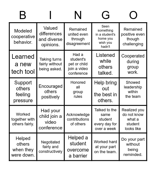 Online Team Building Bingo Card