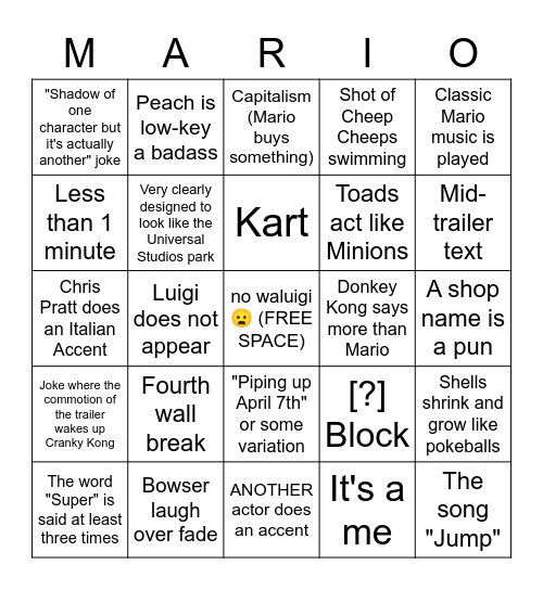 MARIO TRAILER BINGO Card