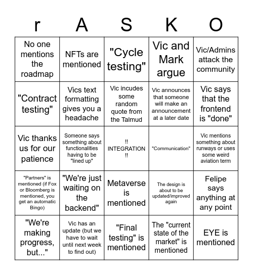 The ASKO Announcement Bingo Card