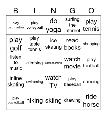 sports + hobbies Bingo Card