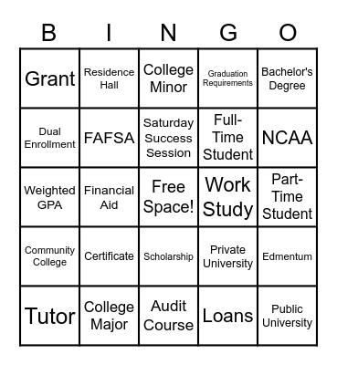 High School/College Term BINGO Card