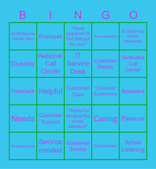 Customer Service Bingo Card