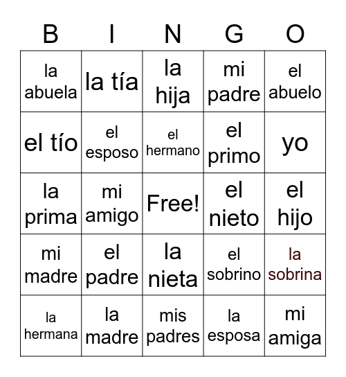 La familia Bingo Card