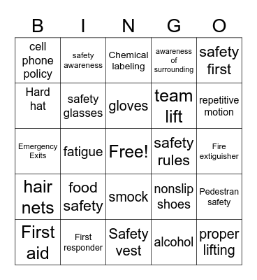 Champion personnel Safety Bingo Card