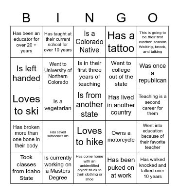 Educator & Jeffco Dems Meet & Greet 10-6-22 Bingo Card