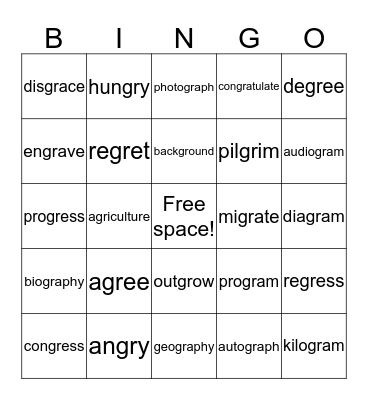 Medial /gr/ blends Bingo Card