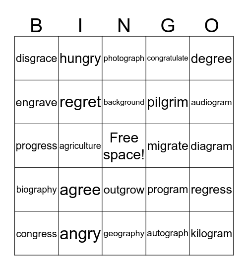 Medial /gr/ blends Bingo Card