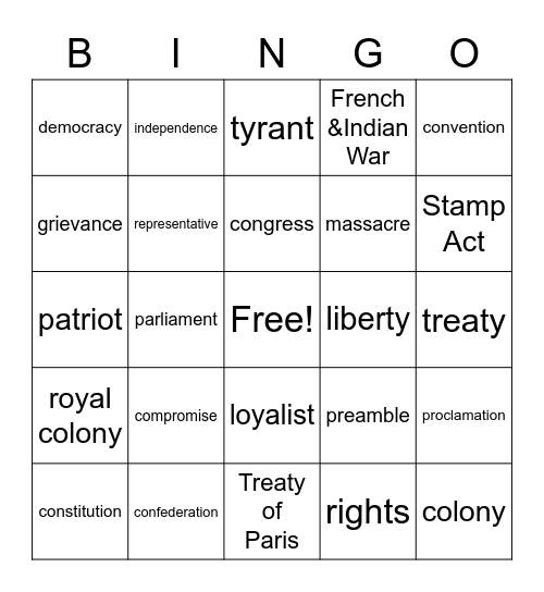 Unit 4 Vocabulary Bingo Card