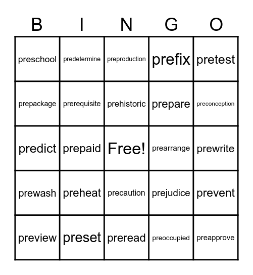 "Pre" Prefix Bingo Card