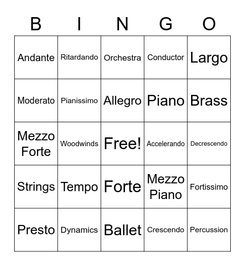 Tempo and Dynamics Bingo Card